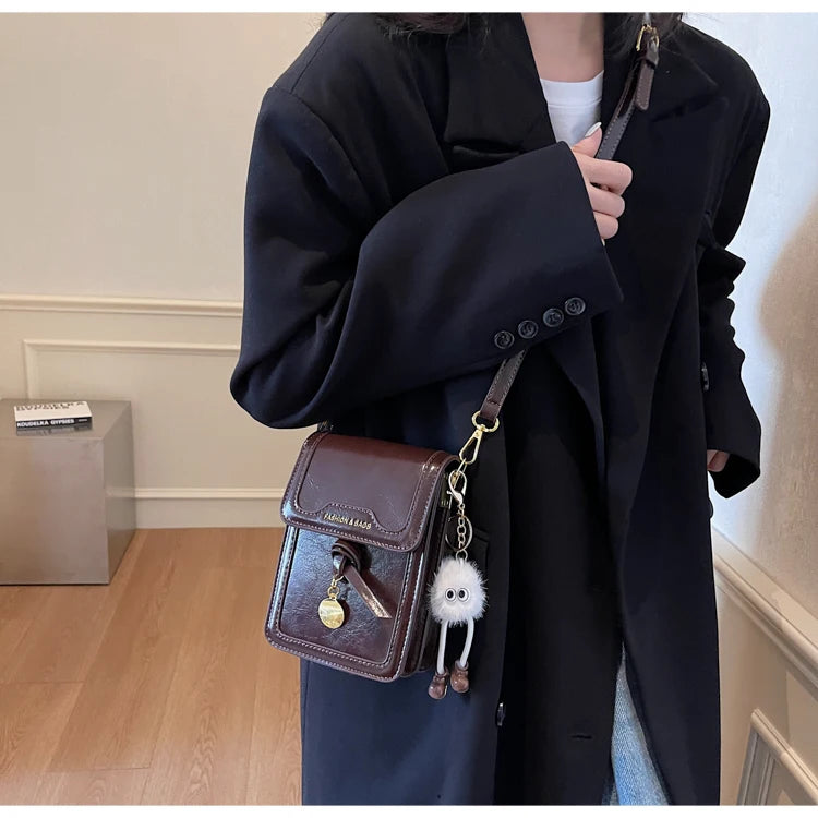 Women's Burgundy Crossbody Bag 2025 Fashion New PU Leather Square Texture Glossy Shoulder Packs Versatile Phone Lipstick Bags