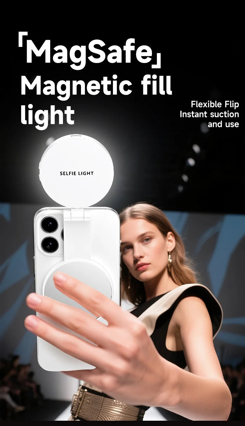 Magnetic Selfie Light Compatible with MagSafe iPhone&Android Phone Light with a Mirror 360° Folding LED Selfie Ring Fill Light