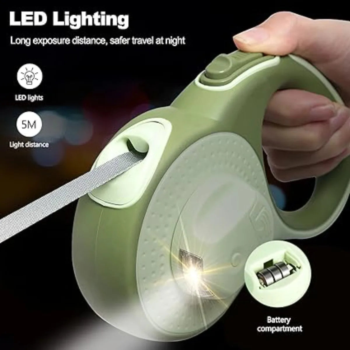 3/5M Automatic Retractable Dog Leash with LED Lights 360°Swivel No Tangle Explosion Proof Nylon Lead for Pet Walking Rope Use