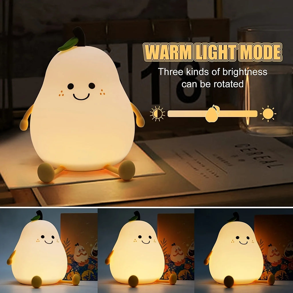 1pc Cute Pear Night Light 7-Color Dimmable Touch-Controlled Night Light Silicone Stress Reducing Pat Lamp USB Rechargeable