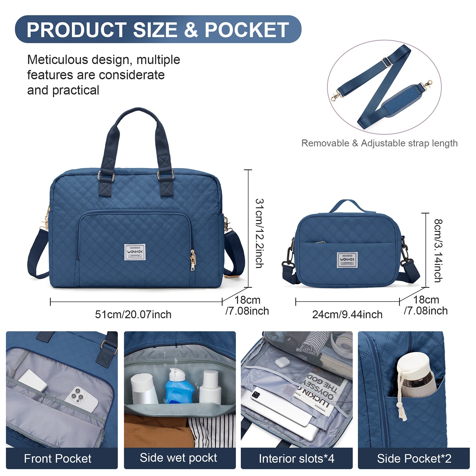 Travel Bag for Woman ,Carry On Foldable Travel Bag,Weekender Overnight Bag,Simple Women's Clothing Backpack Luggage Handbag，blue