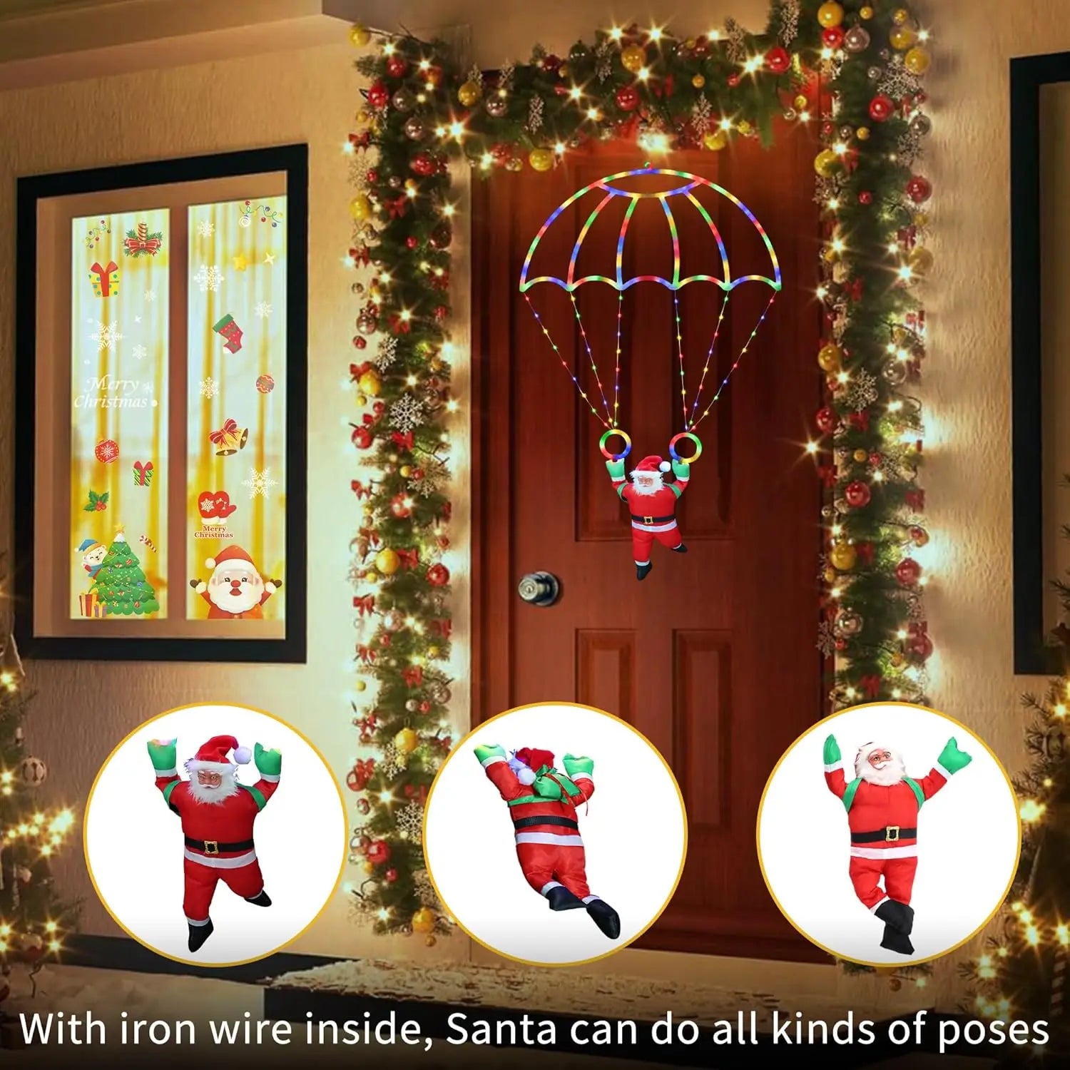 Christmas Decorations Lights Outdoor 2.8ft USB LED Christmas Parachute Light with Santa Claus for Roof Eave Balcony Garden Decor