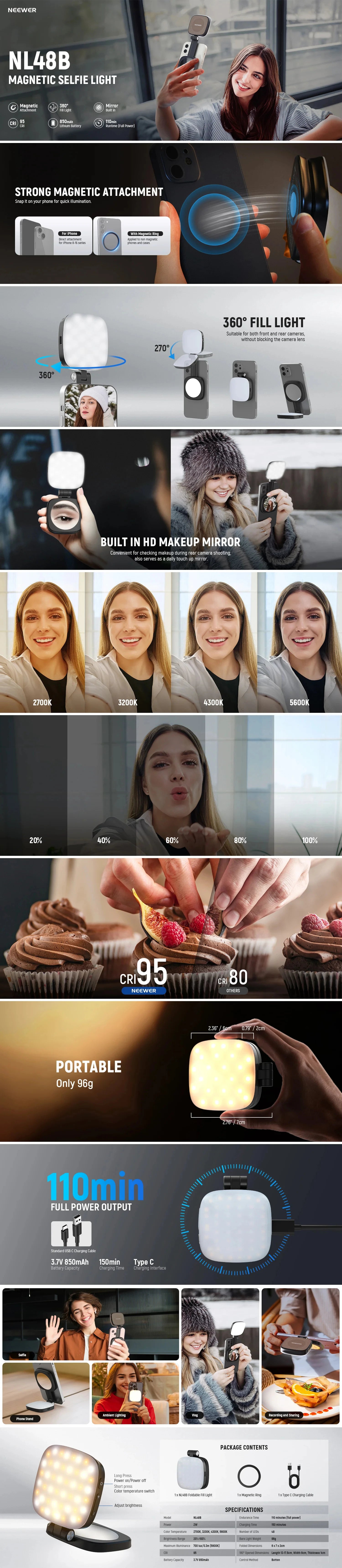 NEEWER BASICS Magnetic Selfie Light For MagSafe iPhone,CRI95 700lx/0.3 Folding LED Phone Fill Ring Lighting with Mirror for Make