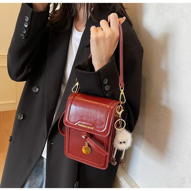 Women's Burgundy Crossbody Bag 2025 Fashion New PU Leather Square Texture Glossy Shoulder Packs Versatile Phone Lipstick Bags