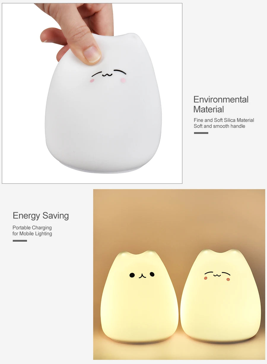 Cute Cat Night Light For Baby Kids Cartoon 7 Colors Silicone Sleeping Lamp Touch Sensor Table Lamp For Home Bedroom Decoration
