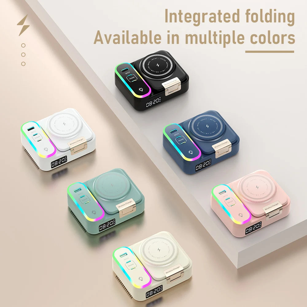 15W Wireless Fast Charging Versatile MagSafe Wireless Charger With Retractable Cable Digital Clock and Folding Stand