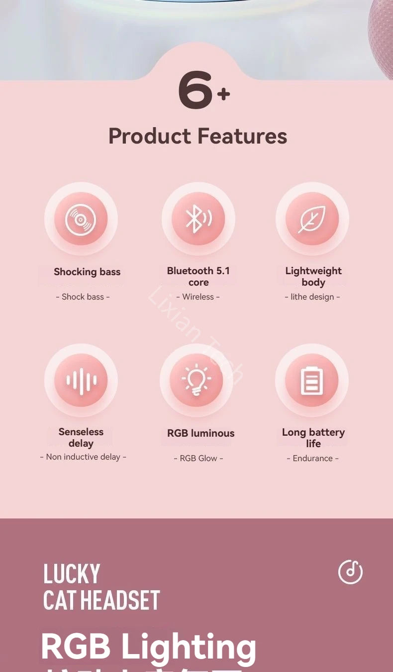 Flash Light Pink Cute Cat Ear Headphones Wireless Bluetooth Earphone Over-ear Noise Cancelling Folding Headset Girl Gift Earbuds