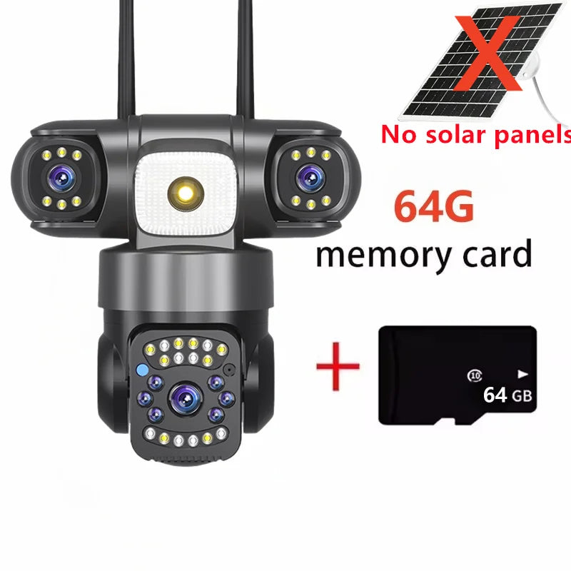 WiFi Solar Camera Three Lenses Outdoor 15MP 8K HD Low Power Battery IP Camera PIR Night Vision V380 Pro CCTV Security Protection