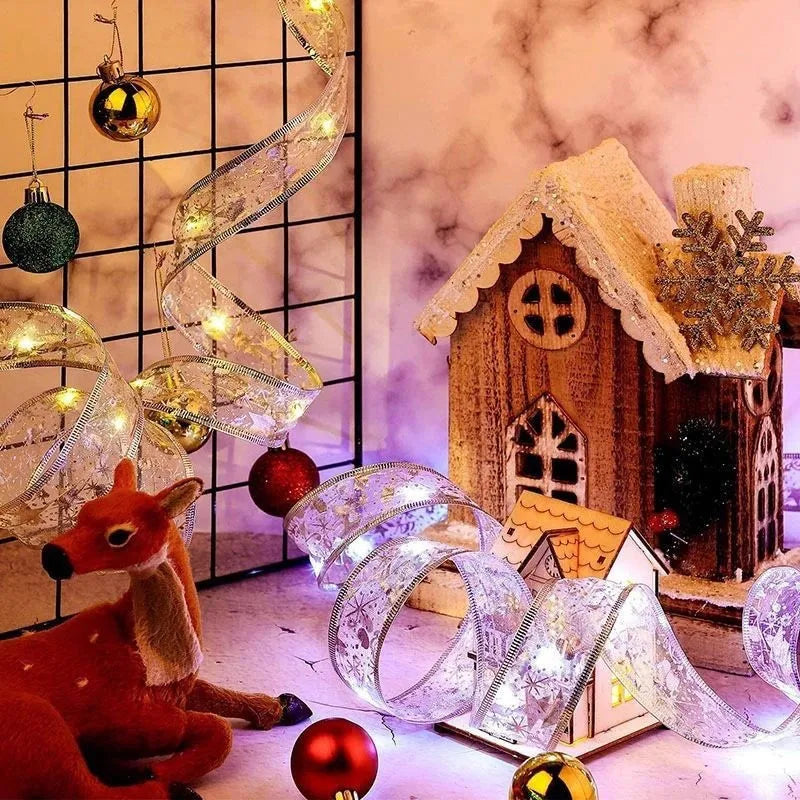 Christmas Ribbon Fairy Light Christmas Decoration DIY Bows String Light Tree Ornaments For Home 2024 Xmas Decor New Year Navidad