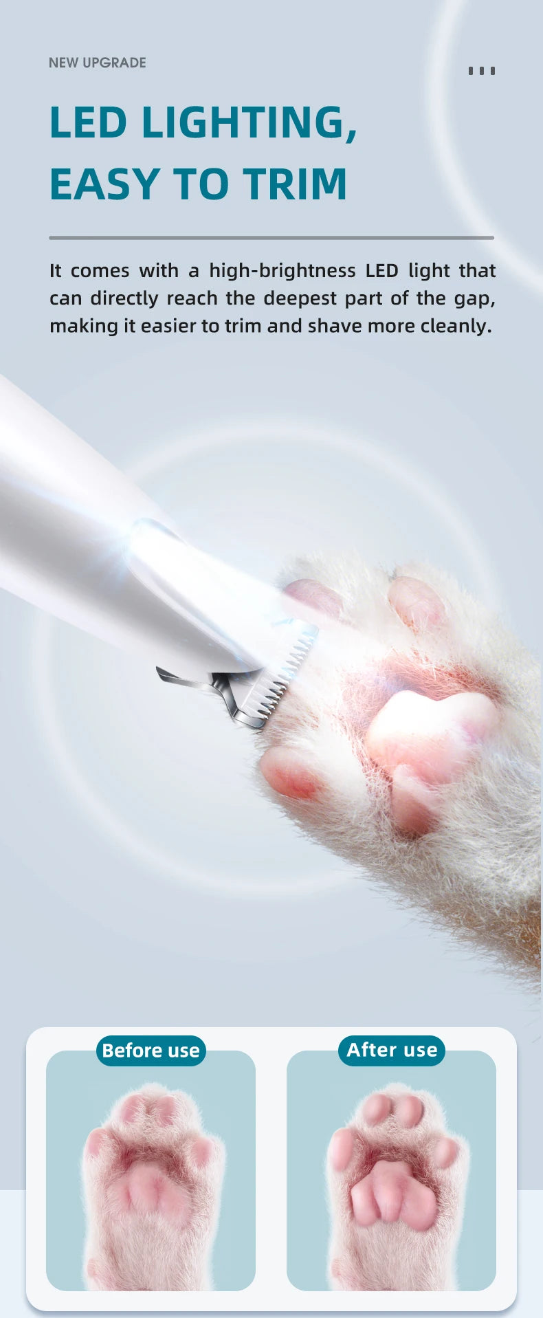 Pet electric clipper with LED lights, foot hair trimmer, professional dog and cat care products, USB rechargeable nail clippers