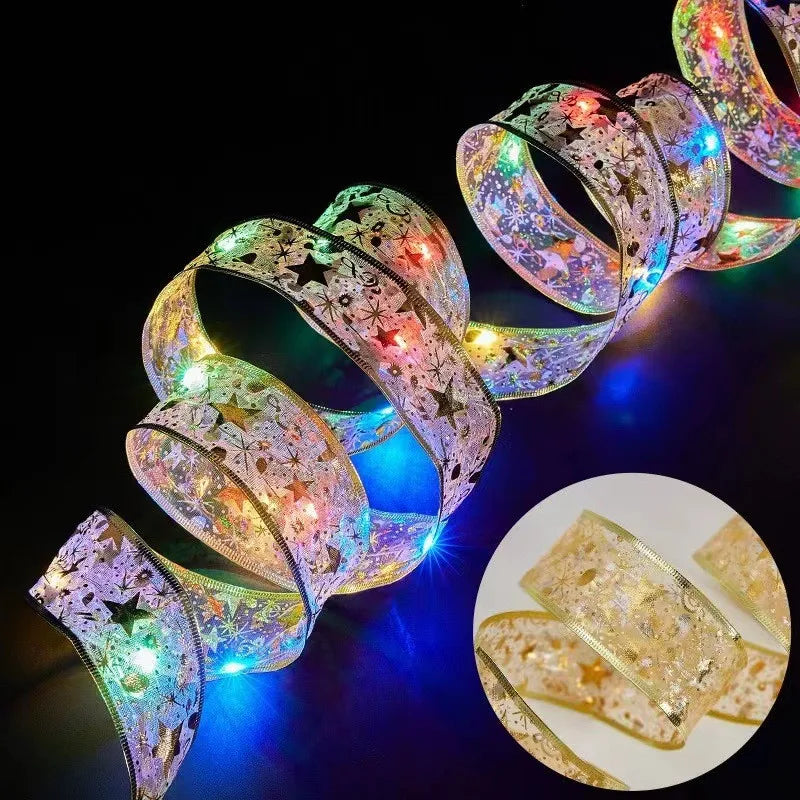 Christmas Ribbon Fairy Light Christmas Decoration DIY Bows String Light Tree Ornaments For Home 2024 Xmas Decor New Year Navidad