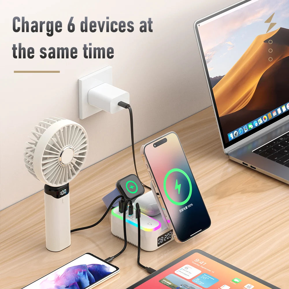 15W Wireless Fast Charging Versatile MagSafe Wireless Charger With Retractable Cable Digital Clock and Folding Stand