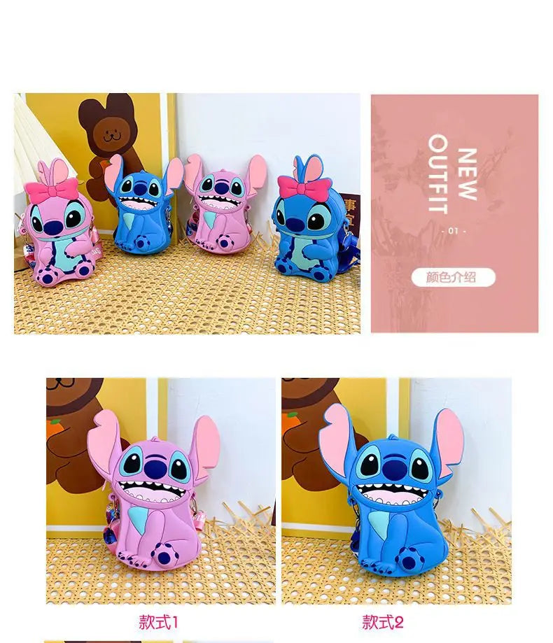 2025 new Shi Stitch cute boys and girls silicone coin purse go out cartoon small shoulder bag creative children storage bag.