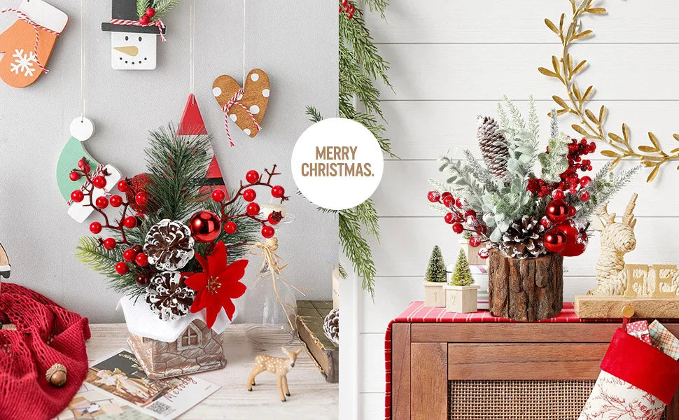 30cm Mini Christams Tree Artificial Plants PE Flocking Pinecone Pine Branch Home Window Decoration Desktop Decor Christmas Gift