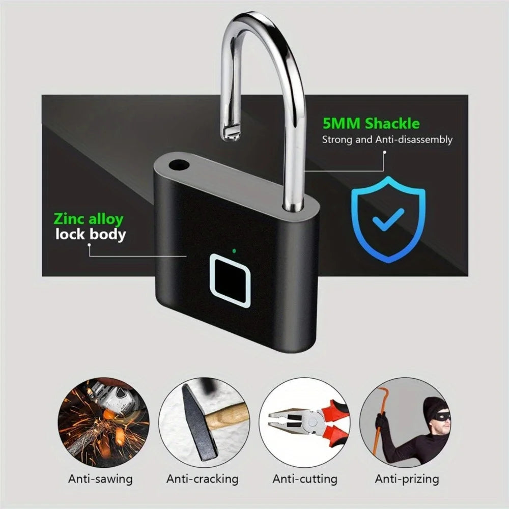Portable Waterproof Small Fingerprint Padlock with USB Charging for Locker, Luggage, Gym, Suitcase