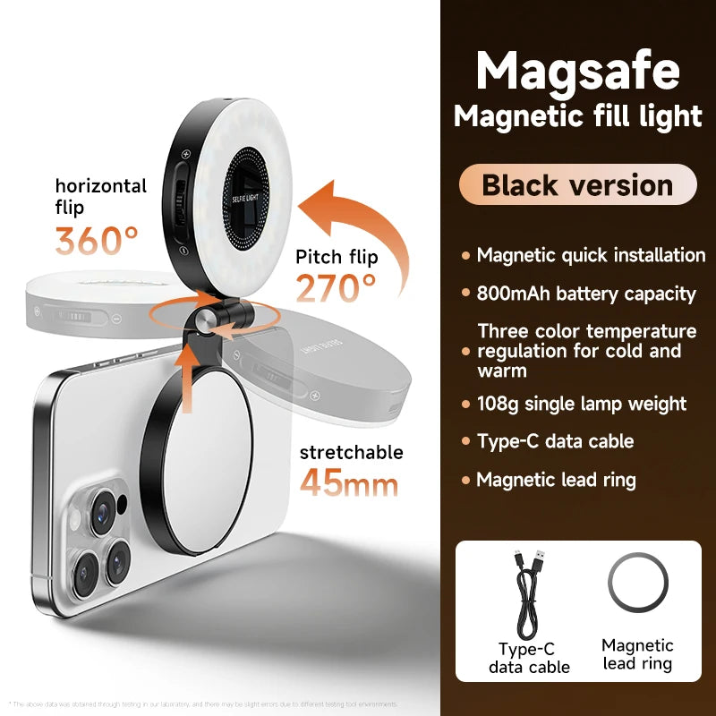 Magnetic Selfie Light Compatible with MagSafe iPhone&Android Phone Light with a Mirror 360° Folding LED Selfie Ring Fill Light