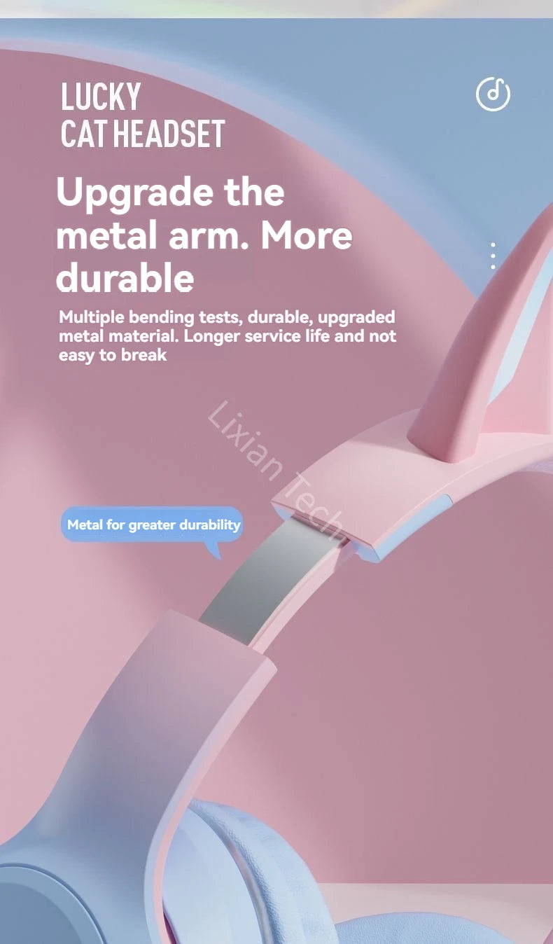 Flash Light Pink Cute Cat Ear Headphones Wireless Bluetooth Earphone Over-ear Noise Cancelling Folding Headset Girl Gift Earbuds