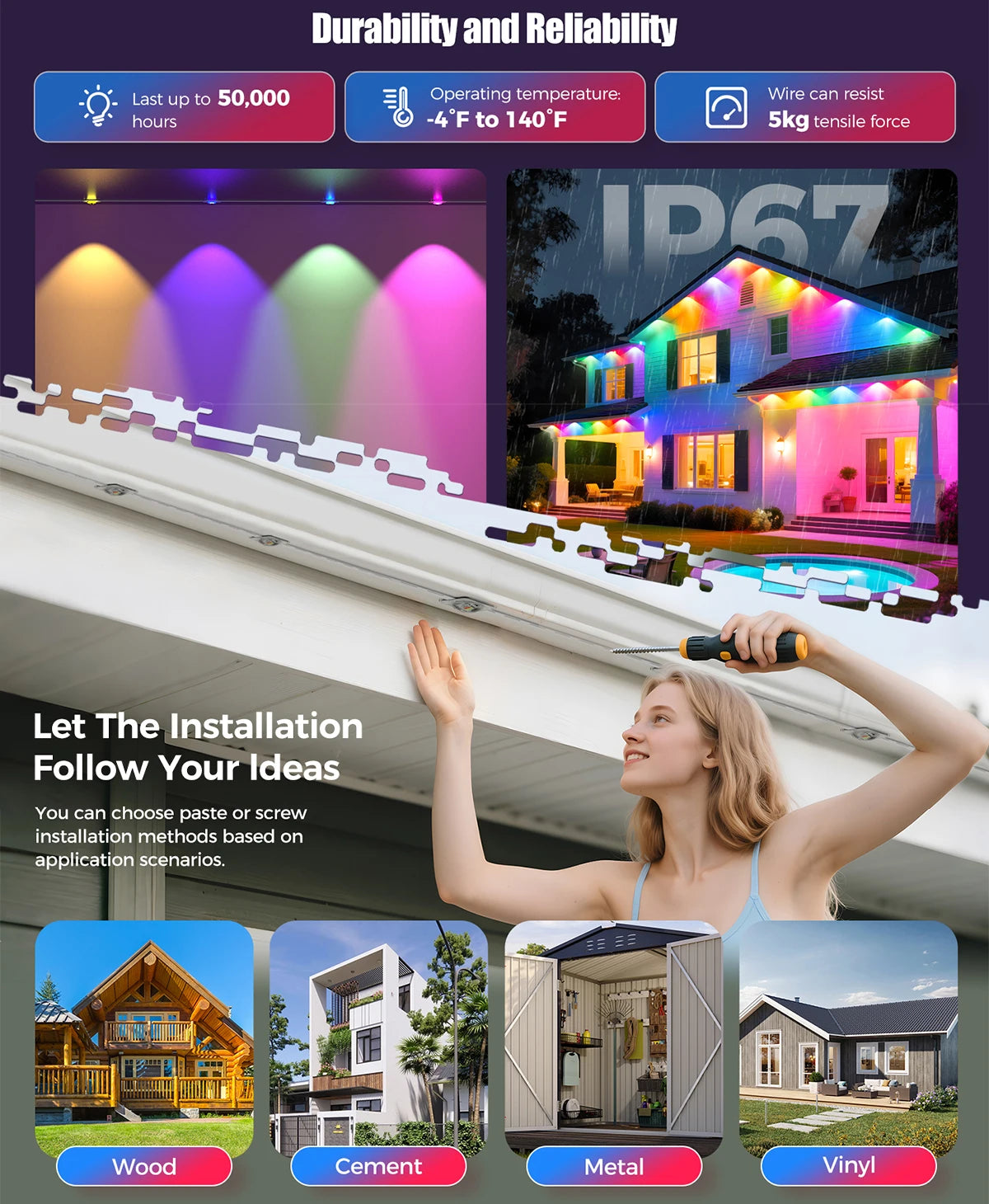 60M Smart RGB Eave Lights App & Remote IP67 Permanent Outdoor LED String Lights Home New Year Christmas Birthday DIY Lighting