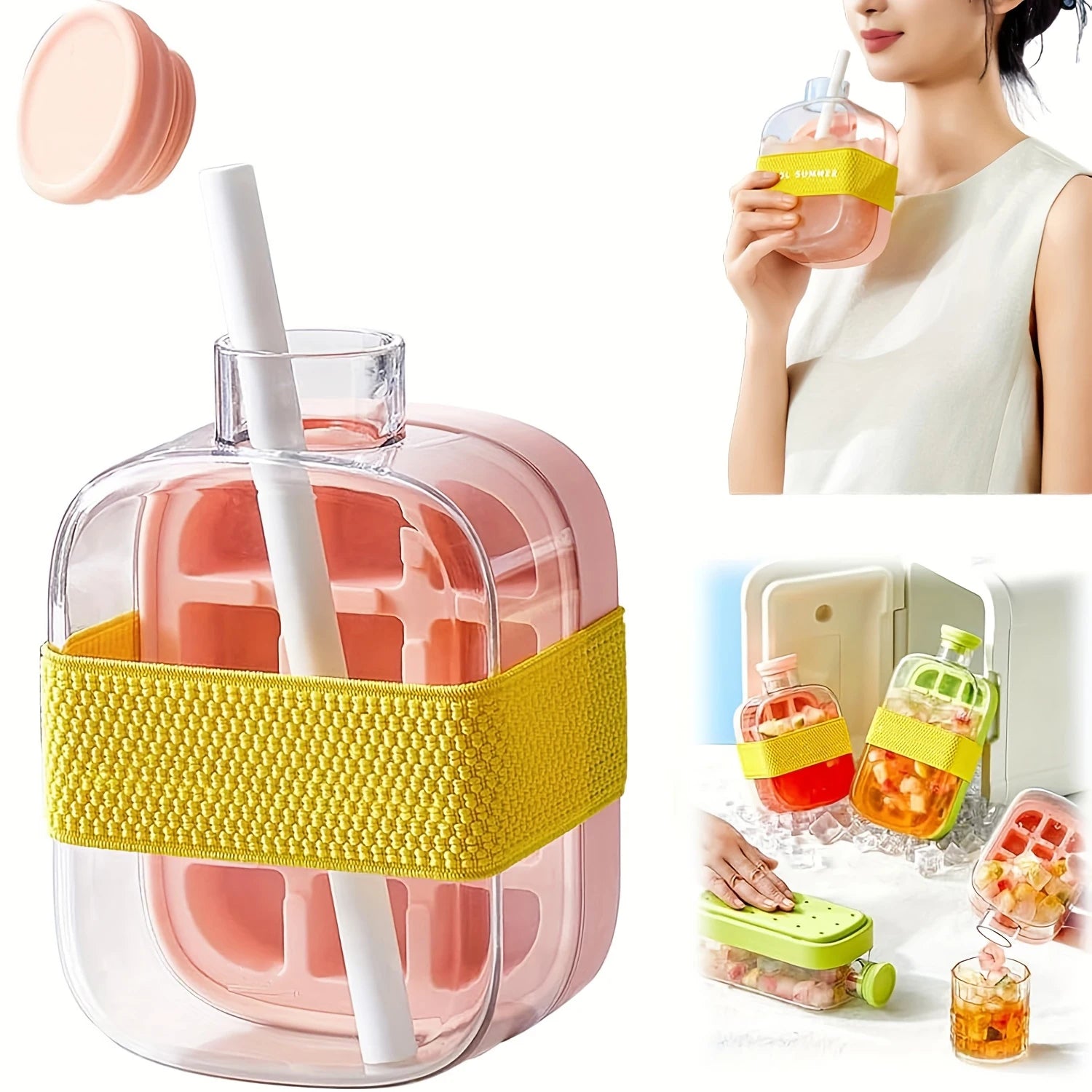 Silicone One-click Ice Mold Bottle Cooler Cup with Straw Ice Cube Tray with Lid for Freezer Creative NO TOUCH Mould for Summer