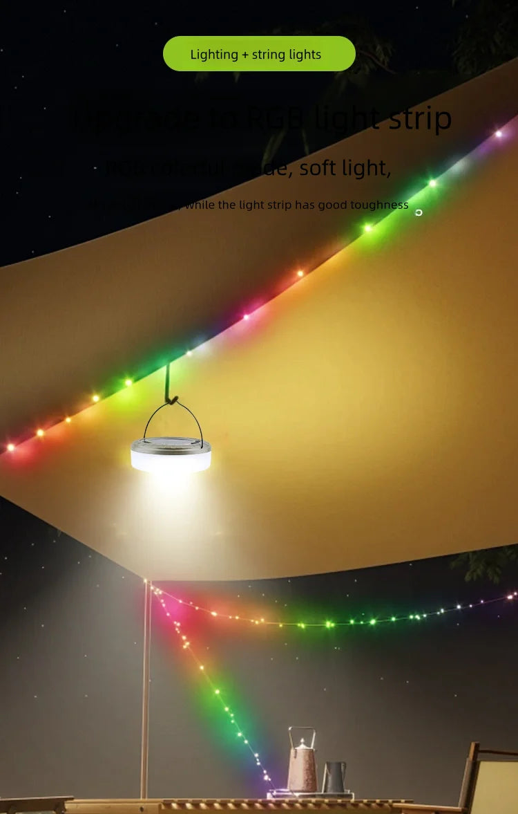 Solar Lights Outdoor Camping Light 10meter String Light Outdoor Tent Light RGB Atmosphere Light LED Flashlight with Hook ﻿