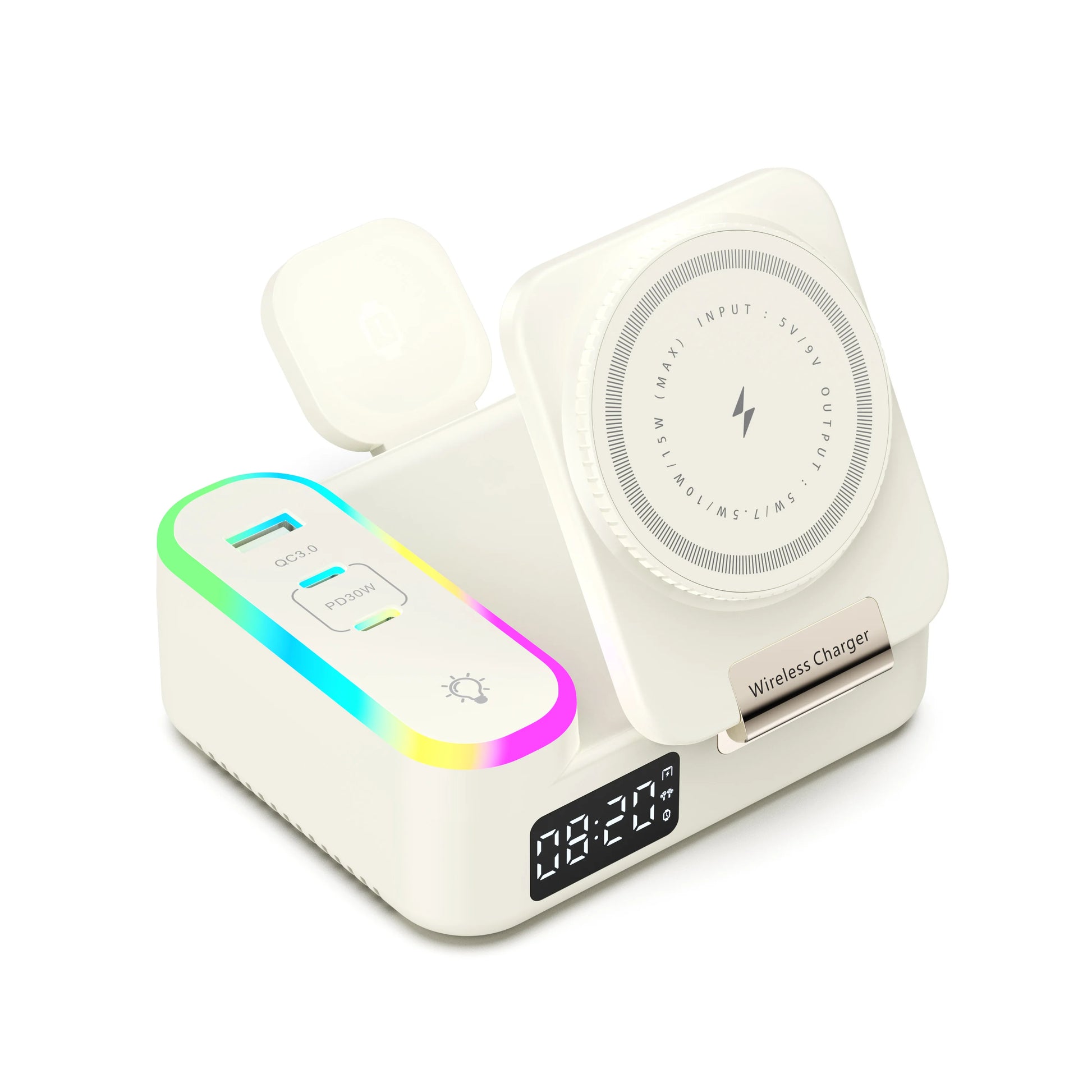 15W Wireless Fast Charging Versatile MagSafe Wireless Charger With Retractable Cable Digital Clock and Folding Stand