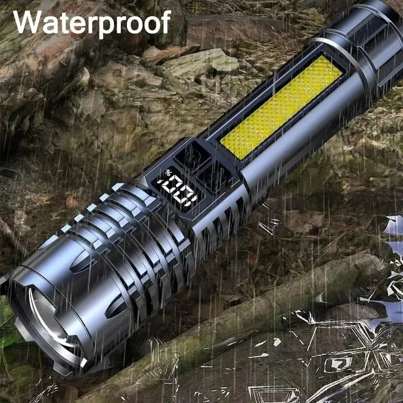 High Power LED Flashlight Powerful TYPE-C Rechargeable COB Flashlight With Side Light Torch For Outdoor Camping Hiking