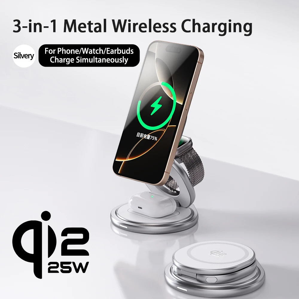 Qi2.2 3-in-1 Metal Magnetic Wireless Charger 25W Fast Charging Station 360° Rotation Foldable for iPhone 17 16 15 Watch Airpods
