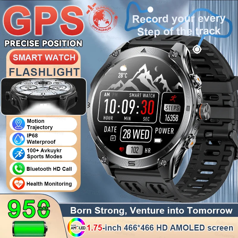 2025 New GPS SmartWatch 1000Mah Battery Compass 10ATM Waterproof Tactics Sport Flashlight BT call Smart Watch For Men For xioami