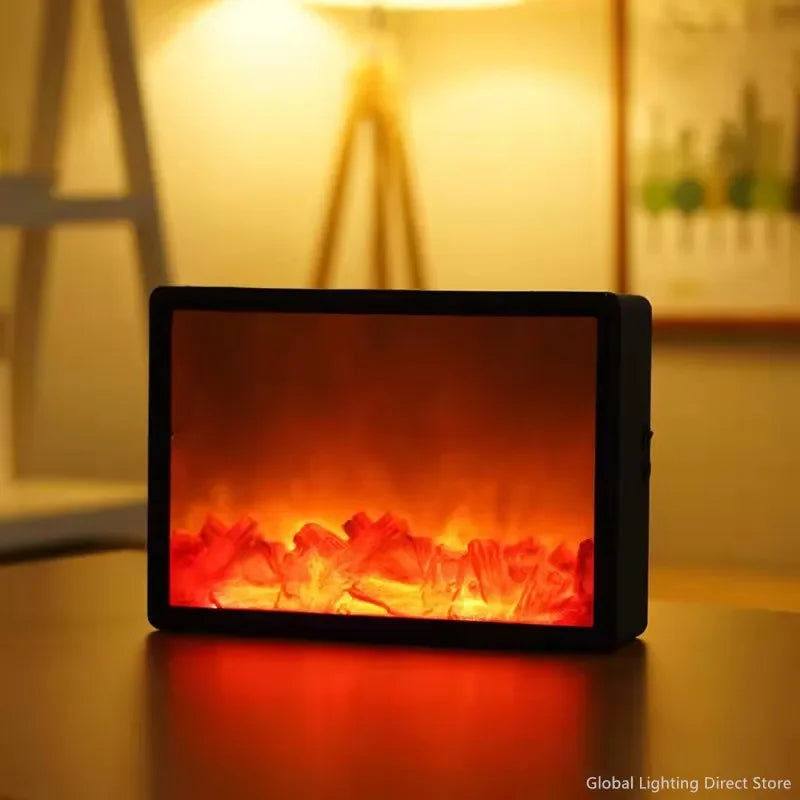 Retro Fireplace LED Simulated Flame Light LED Desktop Night Light Bedside Bedroom Lamp Living Room Home Decor Battery Powered 20