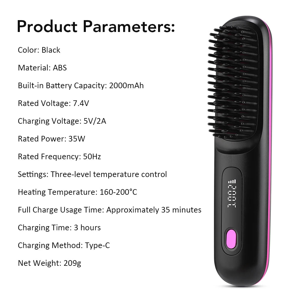 NEW Electric Ceramic Heating Straight Hair Comb Wireless Portable Negative Ion Styling Tool Rechargeable USB Straightening Brush