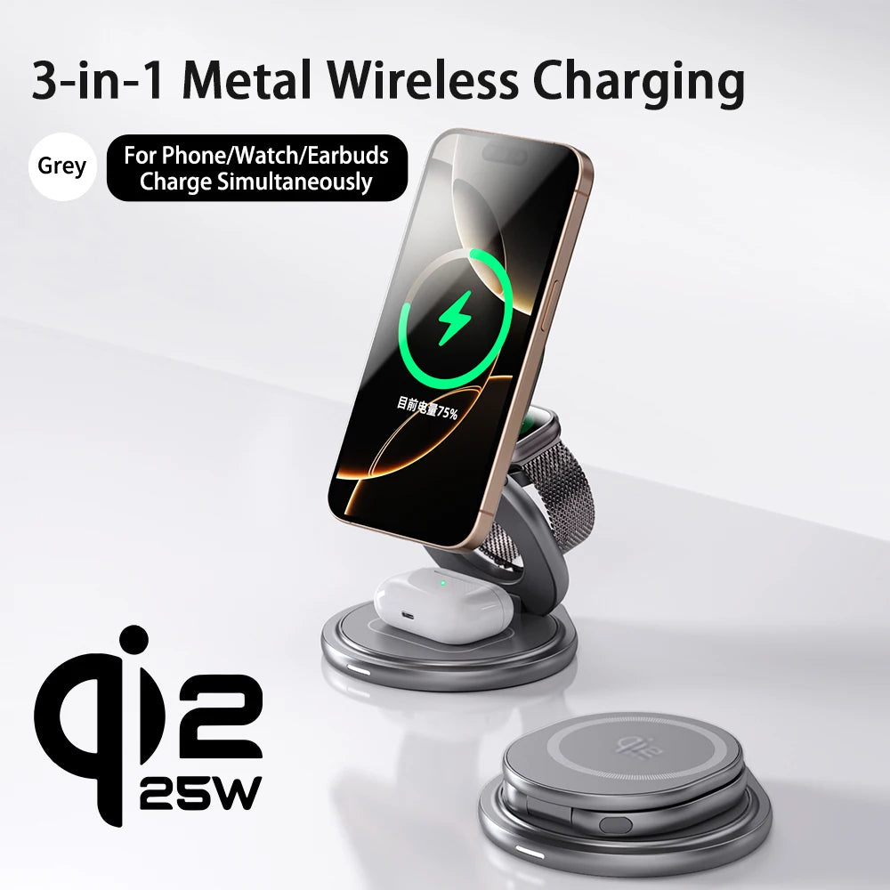 Qi2.2 3-in-1 Metal Magnetic Wireless Charger 25W Fast Charging Station 360° Rotation Foldable for iPhone 17 16 15 Watch Airpods