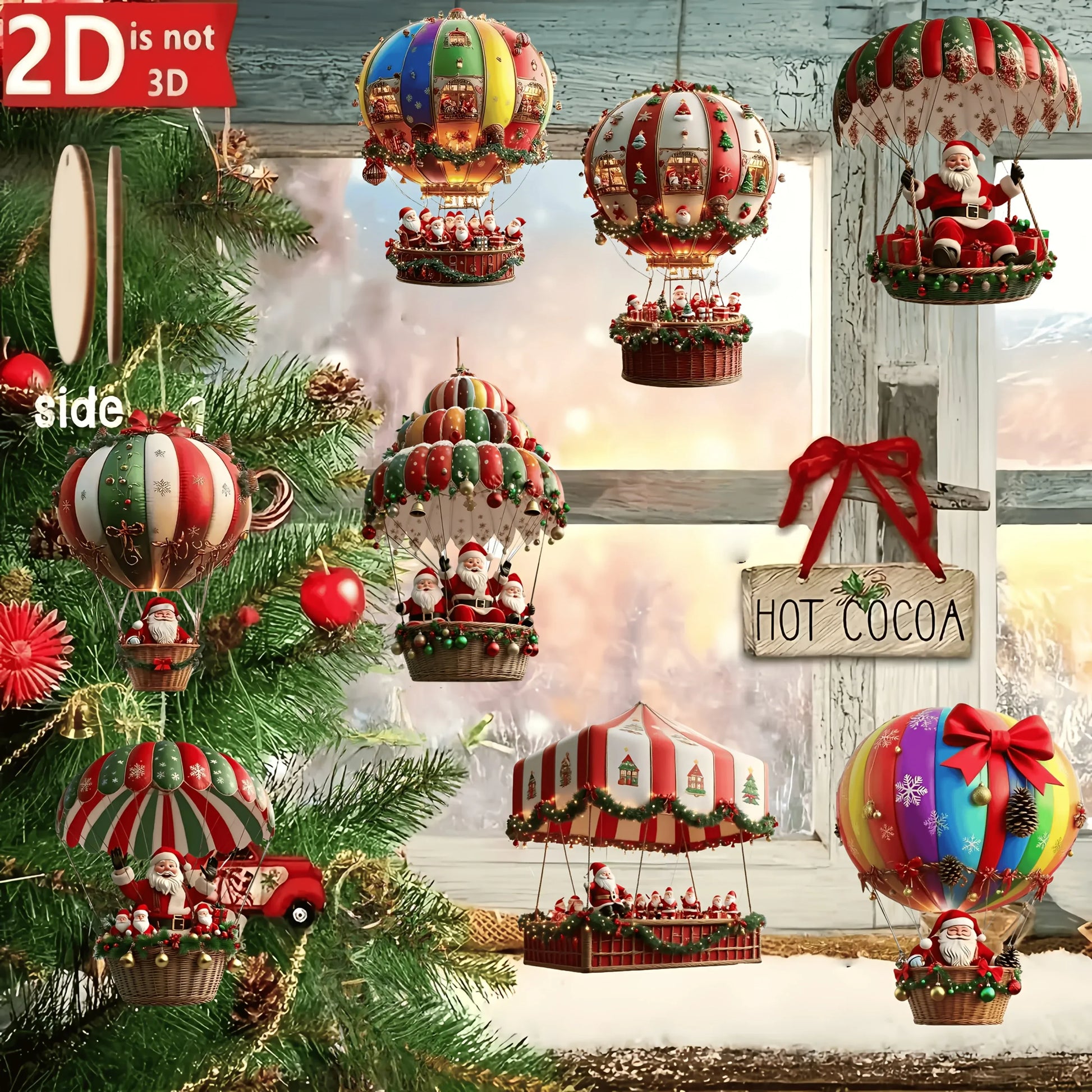 10Pcs Christmas Hanging Ornaments 2025-2026 Santa Hot Air Balloon Acrylic Decor for Indoor Wall Home Xmas Party Decoration