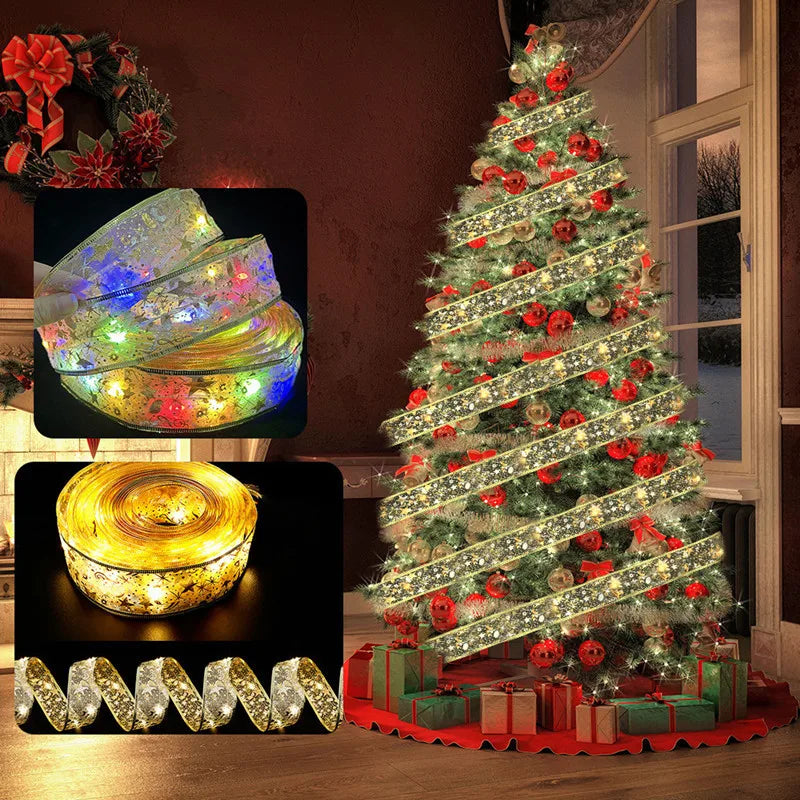 Christmas Ribbon Fairy Light Christmas Decoration DIY Bows String Light Tree Ornaments For Home 2024 Xmas Decor New Year Navidad