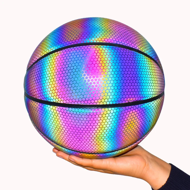 Size 7 PU Luminous Basketball Ball Holographic Reflective Lighted Flash Ball Wear-Resistant Glowing Basketball Night Sports Game