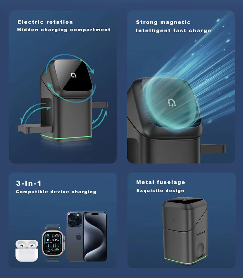 2025 Newest Universal Magnetic Charging Stand 30W Cube Rotational 3 in 1 Touch Auto Rotation Wireless Charger With Light