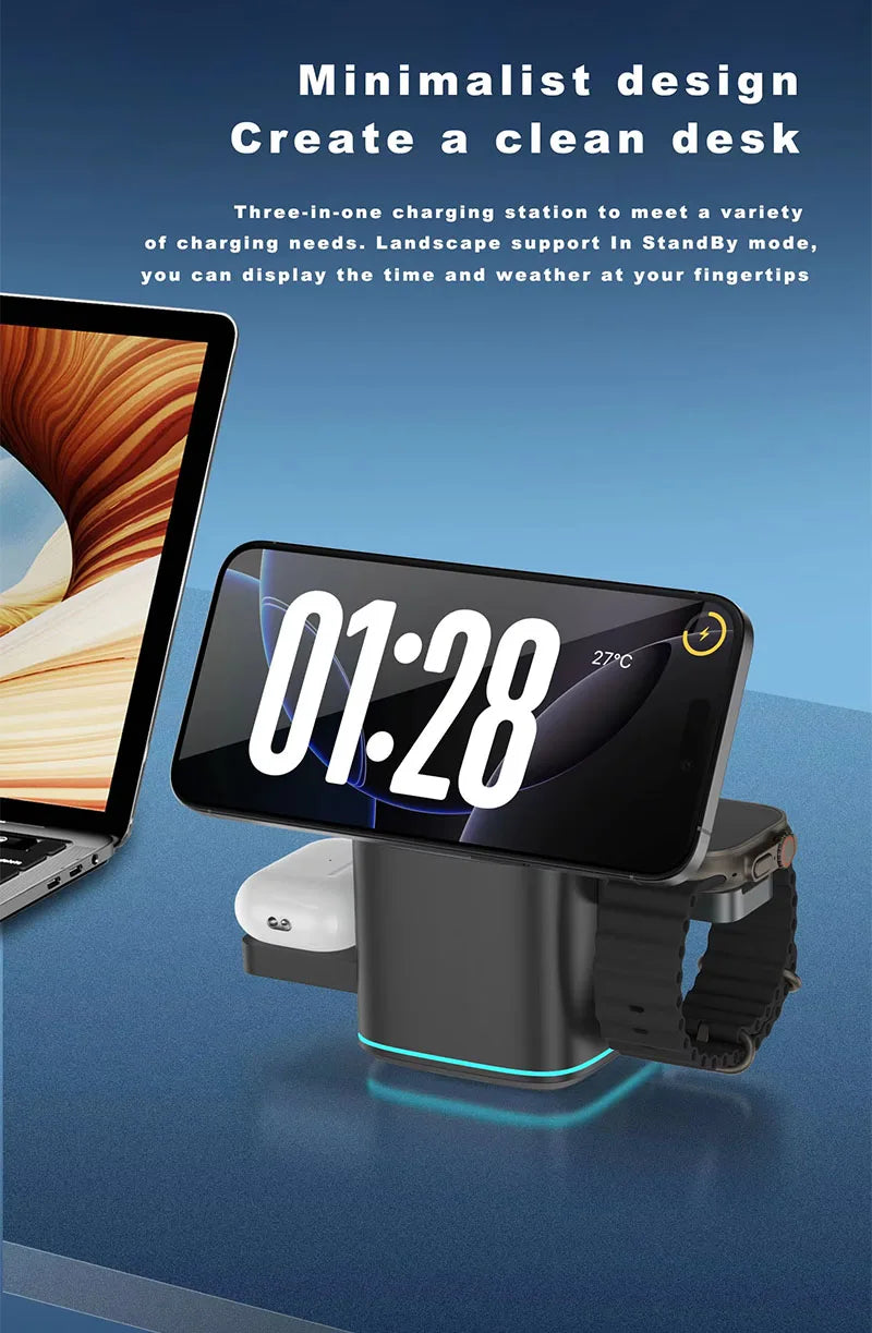 2025 Newest Universal Magnetic Charging Stand 30W Cube Rotational 3 in 1 Touch Auto Rotation Wireless Charger With Light
