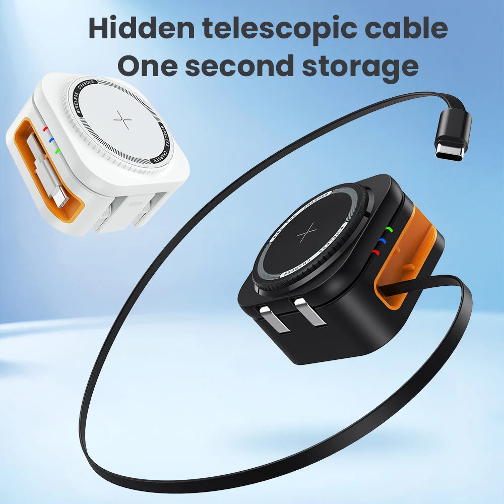 3-in-1 Portable 15W Wireless Charging Cradle with Retractable Cable Magasafe Magnetic Fast Charging Unit
