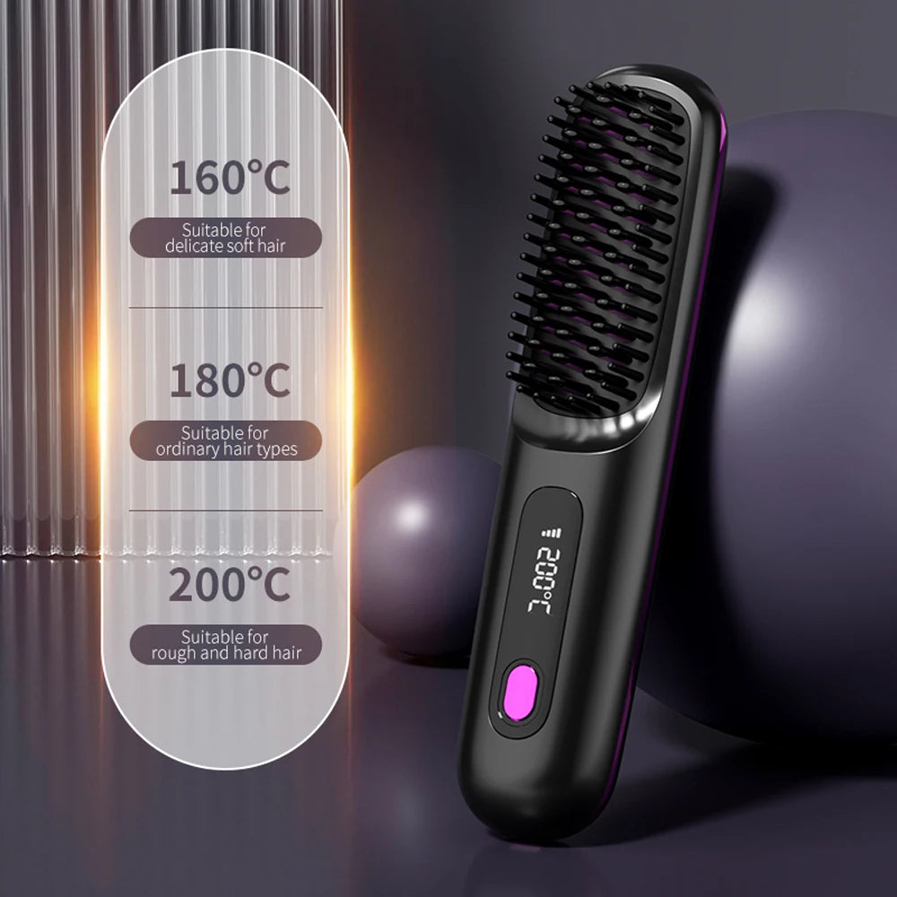 NEW Electric Ceramic Heating Straight Hair Comb Wireless Portable Negative Ion Styling Tool Rechargeable USB Straightening Brush