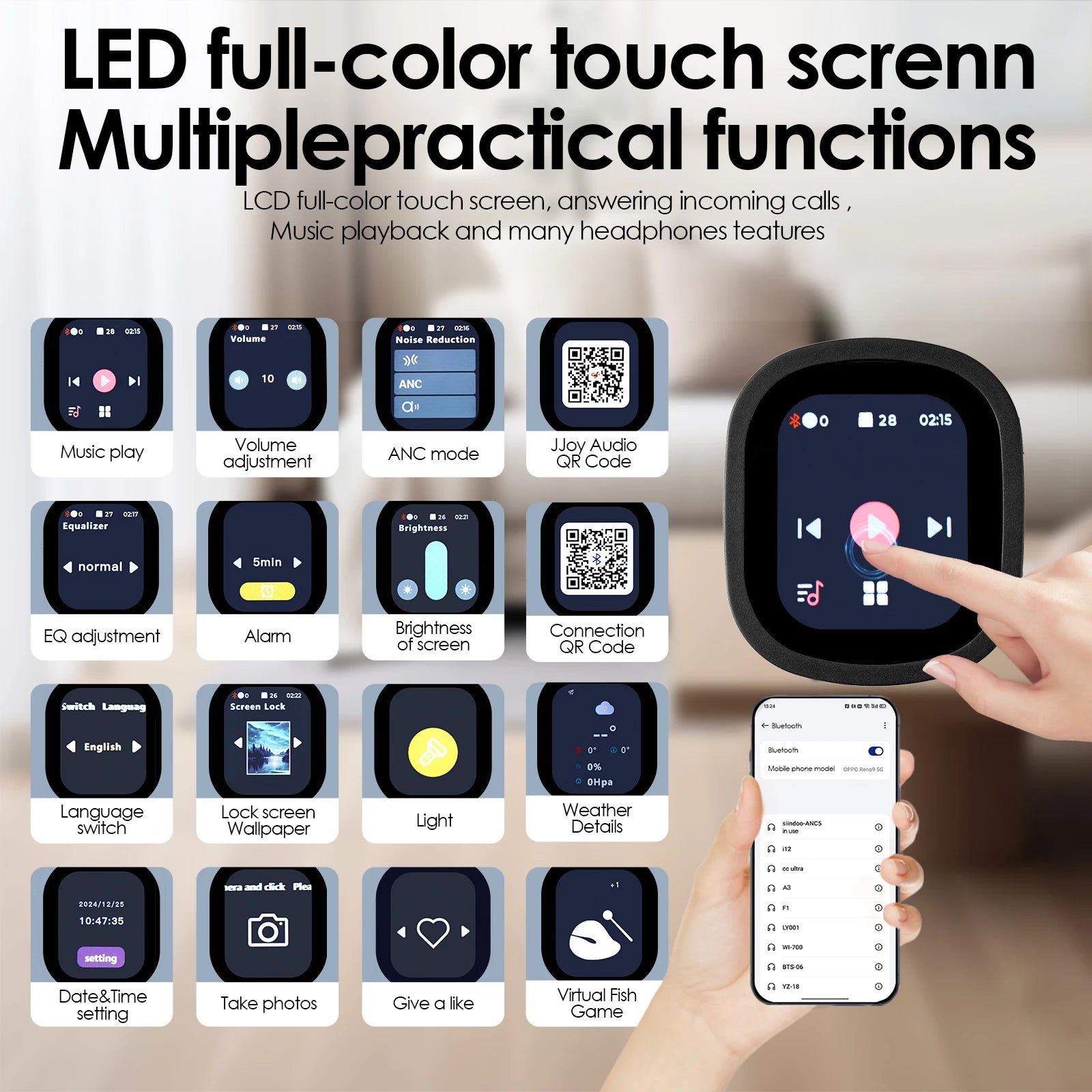 Siindoo JH-ANC930Plus Active Noise Cancelling Headphones, Hybrid Wireless Headphone With Multi Magnetic Touch Control LED Screen