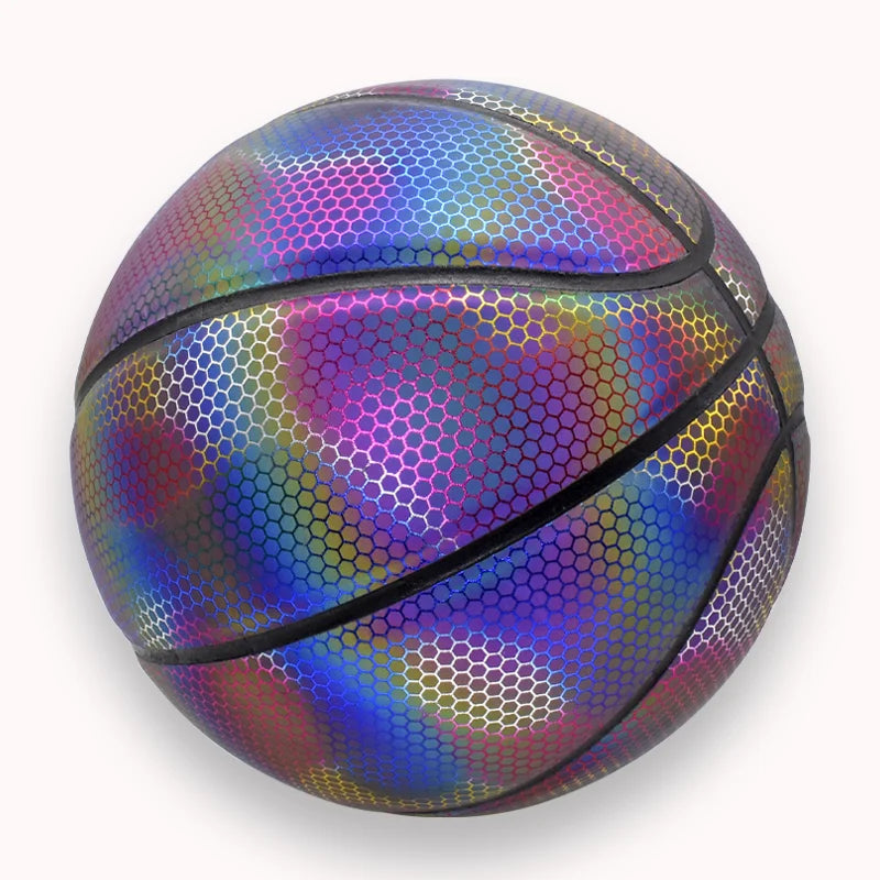 Size 7 PU Luminous Basketball Ball Holographic Reflective Lighted Flash Ball Wear-Resistant Glowing Basketball Night Sports Game