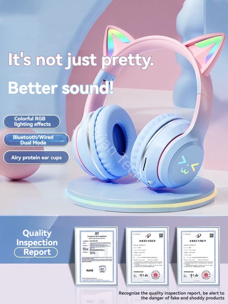 Flash Light Pink Cute Cat Ear Headphones Wireless Bluetooth Earphone Over-ear Noise Cancelling Folding Headset Girl Gift Earbuds