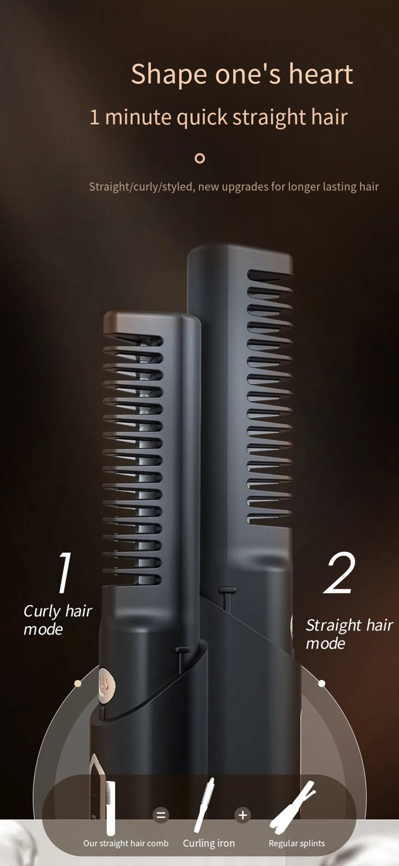 Portable Wireless Electric Hair Brush Heating Hair Straightener  2 IN 1 Home Travel Womem Anti-scalding Hair Straight Curly Comb