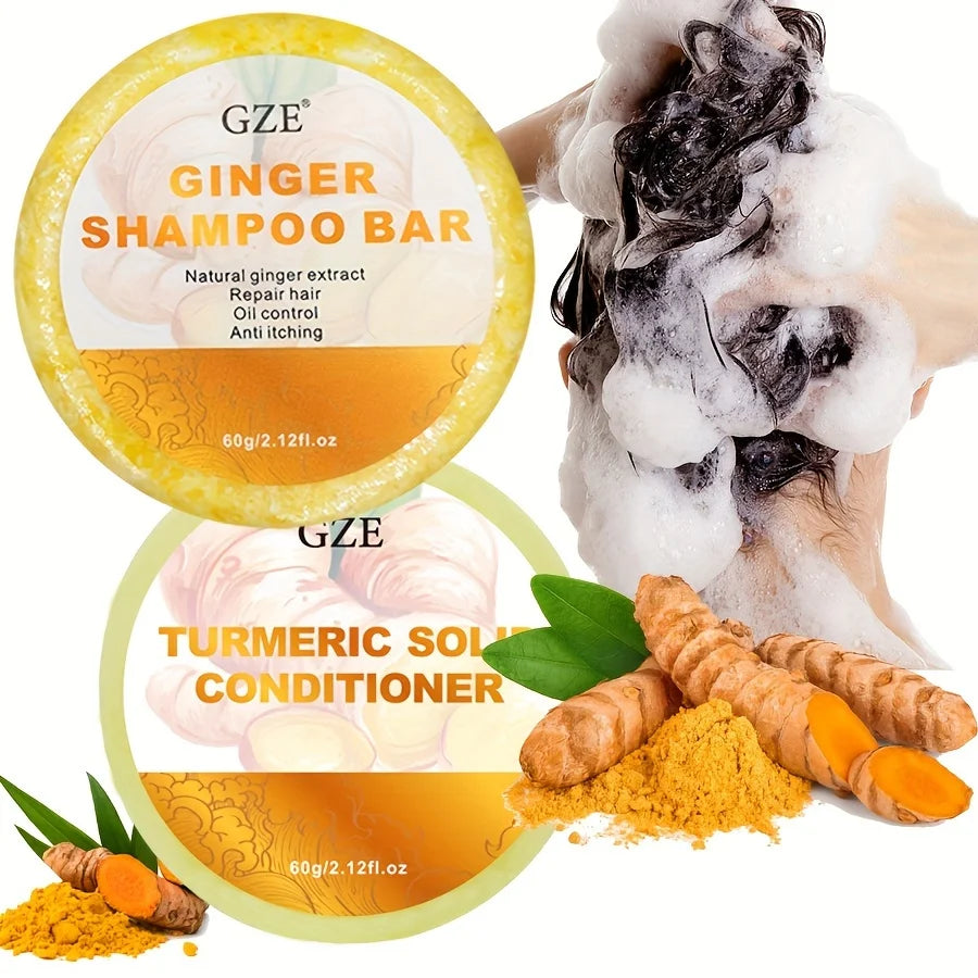 GZE Ginger Shampoo Bar Soap and Turmeric Solid Conditioner Hair Set for Thinning, Lock in Moisture & Shine and Control Frizz.