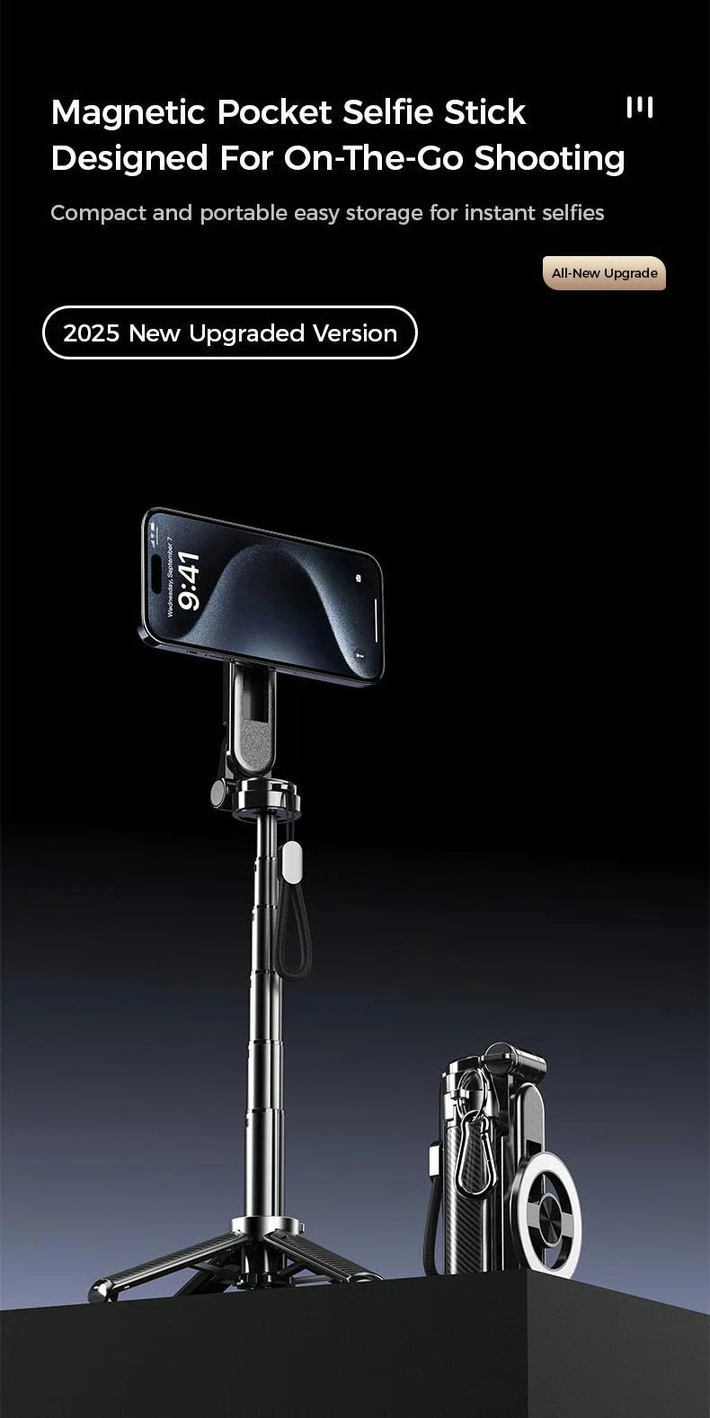 4-in-1 Multifunctional Magnetic mini Selfie Stick with 360° Rotation Wireless Bluetooth Control Magnetic Phone Holder