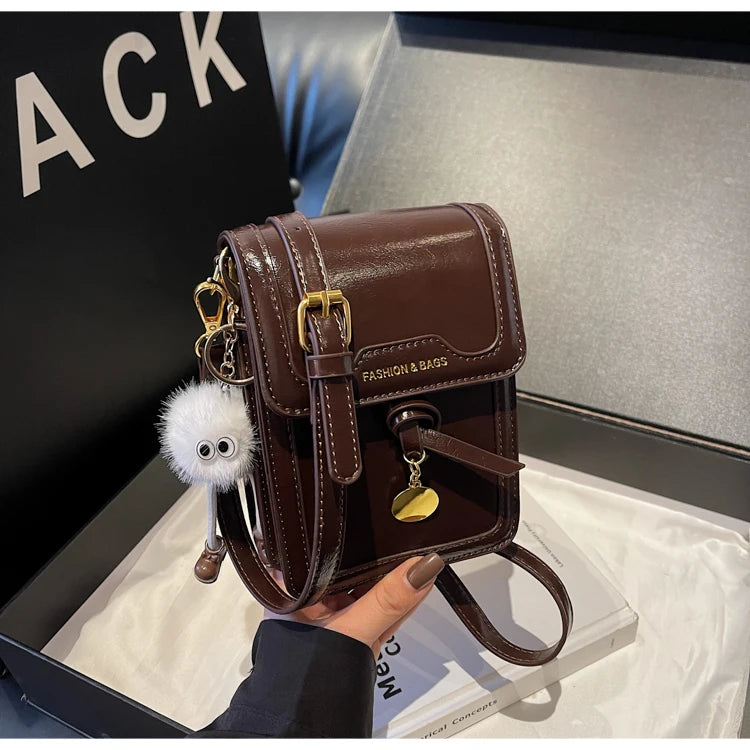 Women's Burgundy Crossbody Bag 2025 Fashion New PU Leather Square Texture Glossy Shoulder Packs Versatile Phone Lipstick Bags