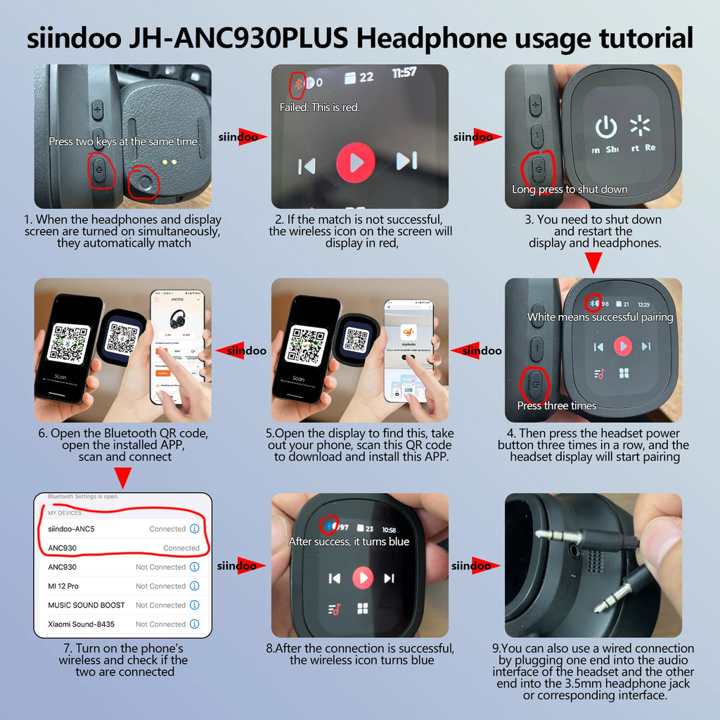 Siindoo JH-ANC930Plus Active Noise Cancelling Headphones, Hybrid Wireless Headphone With Multi Magnetic Touch Control LED Screen