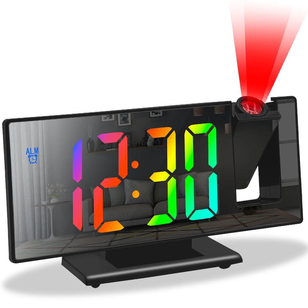 c180° Arm Projection Alarm Clock Time Temperature USB Plug-in Digital Alarm Clock Snooze Table Clock 12/24H Projector LED Clok