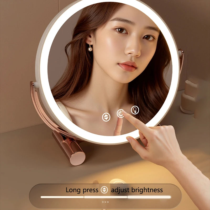 Desktop LED Makeup Mirror Three Color Light Household Bedroom Vanity Mirror Intelligent Control Cosmetic Mirrors Type-c Charging