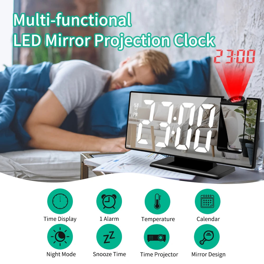 c180° Arm Projection Alarm Clock Time Temperature USB Plug-in Digital Alarm Clock Snooze Table Clock 12/24H Projector LED Clok