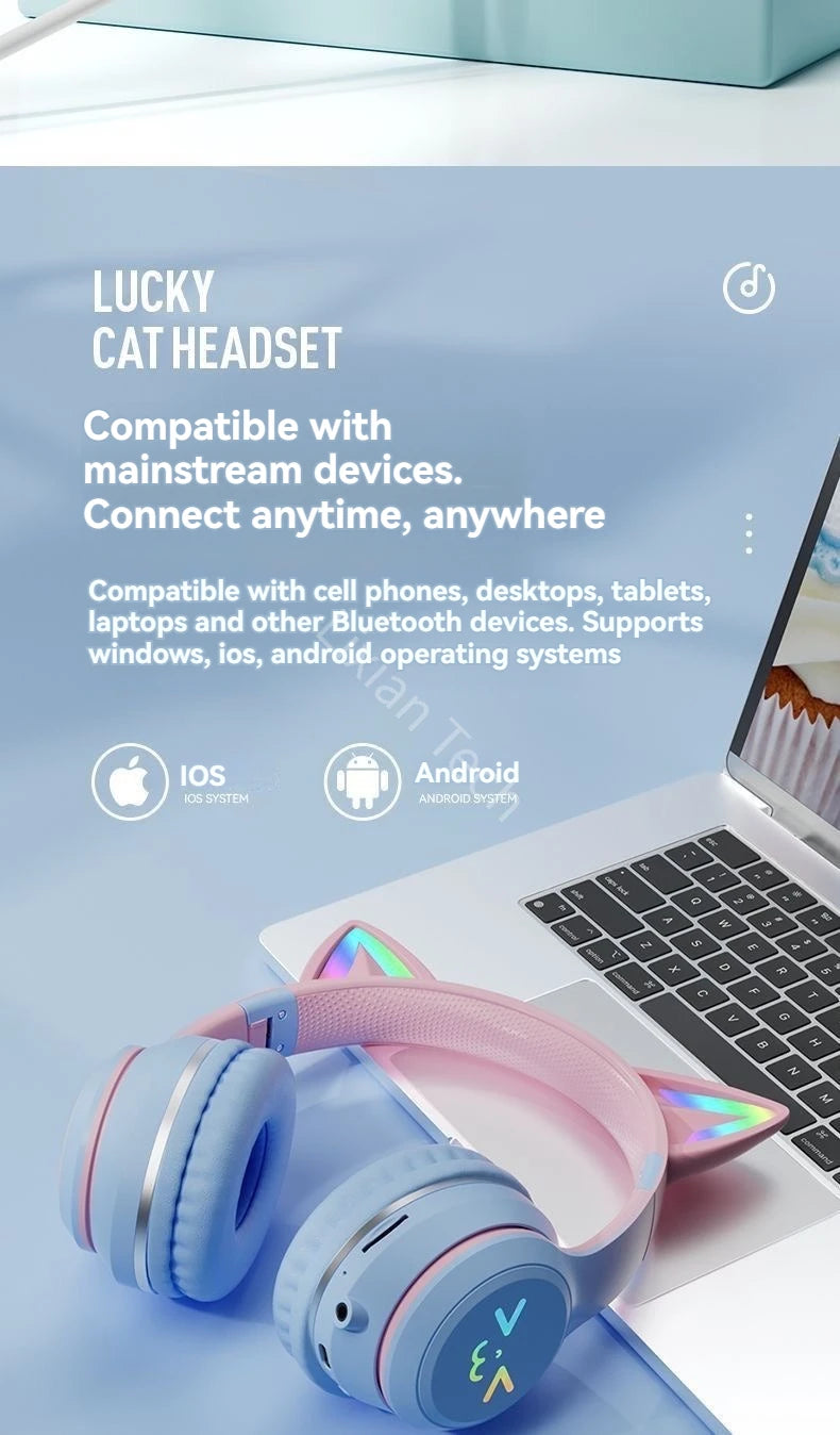 Flash Light Pink Cute Cat Ear Headphones Wireless Bluetooth Earphone Over-ear Noise Cancelling Folding Headset Girl Gift Earbuds